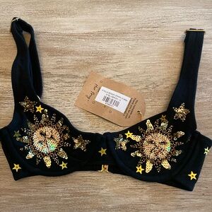 Sequin Sun Embellished Underwire Bra & Matching Arm Band Jingle Set - Black